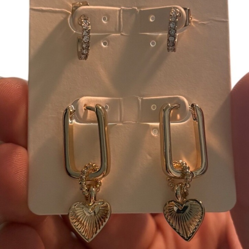 NWT Aerie Gold‎ Tone 2 Pair Earrings Crystal Huggies and Rectangular Heart Hoops
